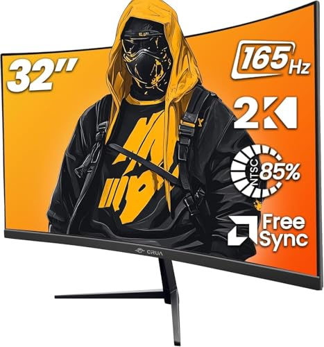 CRUA Ecran PC Gaming Incurvé 32 Pouces 2K (2560x1440p) 165Hz 144Hz,1 ms, Panneau VA, 1500R, sRGB 99%, DCI-P3 90%, Adaptive-Sync, Ultra-Thin Frameless HDMI,DP,VESA