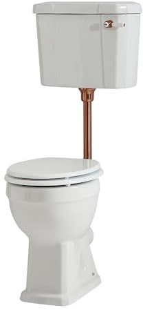 MILANO Low Level Cistern Toilet Brushed Copper Flush Kit White Seat | Ceramic & Brass Construction. Engineered Wood Seat. Traditional Style. Low Level Cistern Design. Ceramic Flush Handle.