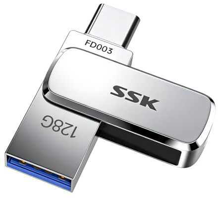 SSK Memoria USB C 128GB e hasta 240 MB/s, 2 en 1 Pendrive Tipo C y USB-A Flash Drive, Portátil Impermeable Dual Pen Drive para iPhone 15/16Pro/Win/Android Resistente al Agua, al Polvo y a Las caídas