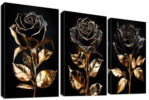 3 Pcs Wooden Framed Canvas Wall Art Canvas Prints Black Gold Rose Painting Poster Vintage Black Roses Gold Leaves Pictures for Living Room Bedroom Bathroom Hallway Wall Decor 50x70 cm x3pcs