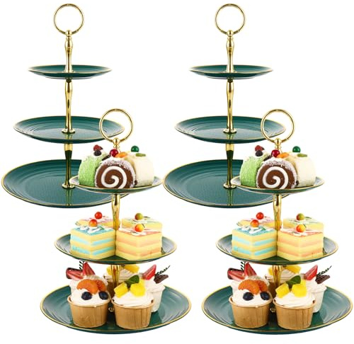 MUXHEL 4 SET Cake Stand 3 Tier Afternoon Tea Stands Plastic Cupcake Stand Green Reusable Food Serving Platter Stand for Wedding Birthday Afternoon Tea Party