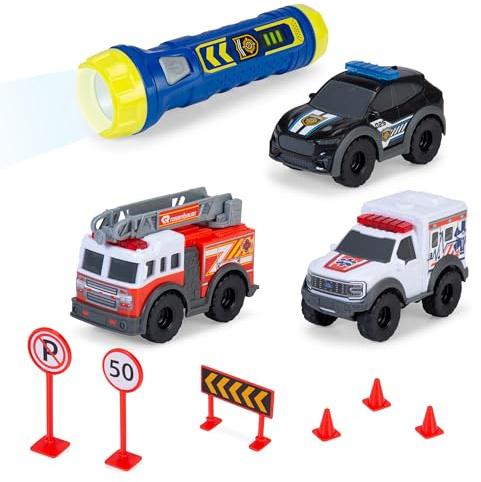 Dickie Toys - Kit de Voiture Jouet Micro SOS – 3 Voitures avec Roue Libre (Police, Pompiers et ambulances) avec Lampe de Poche et Accessoires de Jeu, Jouet de Voiture pour Enfants à partir de 3 Ans