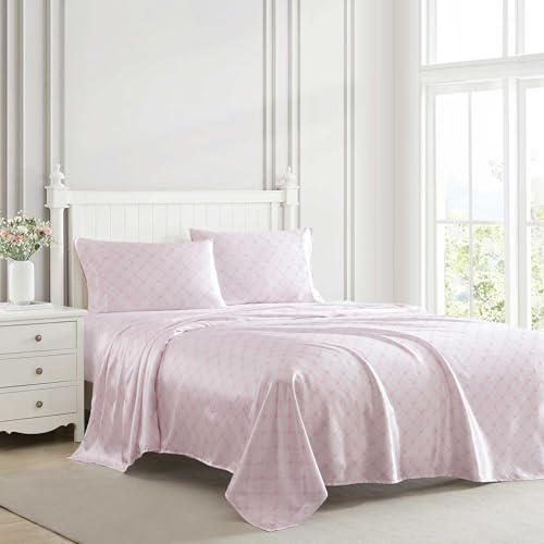 Laura Ashley - Queen Bed Sheets, Printed Satin Bedding with Matching Pillowcases, Deep Pocket, Lightweight for Year-Round Use, Oeko-Tex Certified (Bow Ribbon Pink)