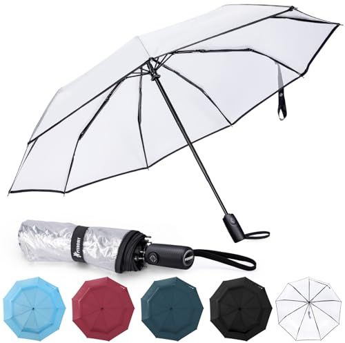 PTEROMY Windproof Compact Travel Umbrellas for Rain and Sun, Withstands 85MPH Winds Auto Open Close Folding Umbrella with Ergonomic Handle (Clear, 1PK)