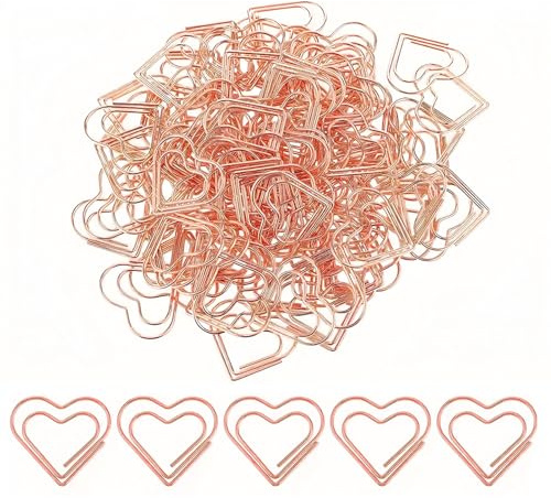 KLINNA 50 clips de papel en forma de corazón, oro rosa, pequeños y elegantes en dispensador, ideas con corazón, diseño de amor, clips de papel y clips de papel, para oficina, escuela, aula, clip de