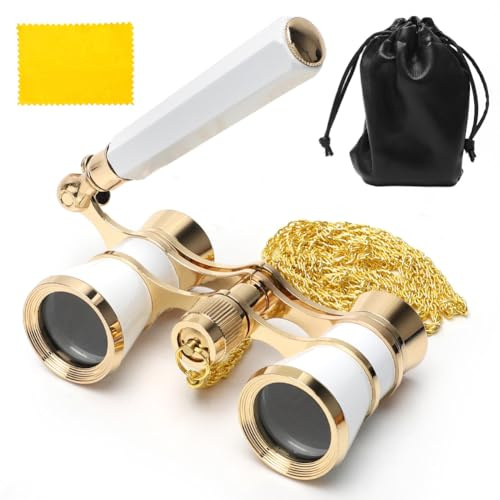 Umllpet operaglasögon kikare 3 x 25, kompakt teaterglas med justerbart handtag, vintage-design teaterkikare med kedja, praktisk present till kvinnor och flickor (vit)