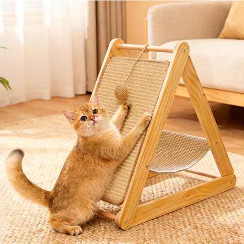 HTSTRAY 2-in-1 Wooden Cat Scratcher with Hammock, Triangle Sisal Scratching Board with Solid Wood Frame, Sturdy Cat Scratch Pad for Indoor Cats, 52x35x46cm Pet Furniture for for Kittens & Adult Cats