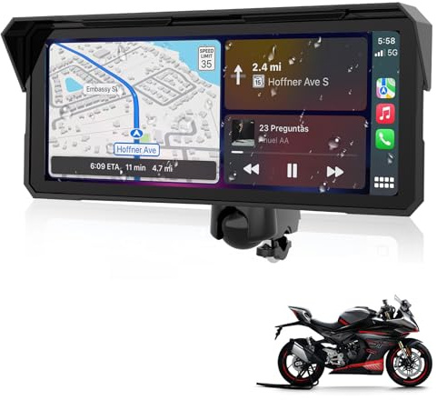 8,1 Pulgadas Pantalla Carplay Moto Android Auto Moto, Pantalla Táctil Resistente al Agua IP67 Navegación GPS para Motocicletas Audio Bluetooth Siri y Asistente de Google
