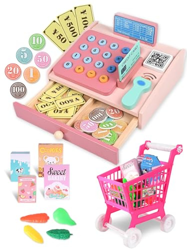 VERTOYCO Cassa giocattolo in legno per bambini, con scanner, carrello della spesa, oggetti giocattolo, monete, carta di debito, cassa per negozi, giochi di ruolo, regalo per bambini dai 3 anni in su