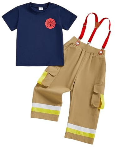 HZPHQY Kids Toddler Boy Girl Fireman Clothes Short Sleeve T Shirt Suspender Pants Overalls Firefighter Halloween Outfit