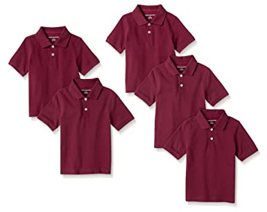 Amazon Essentials Boys' Uniform Short-Sleeve Pique Polo Shirts, 5-Pack Burgundy, Medium