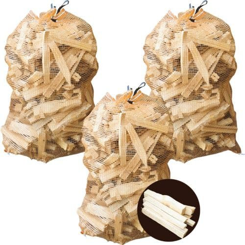 Large Bulk 3 x 4kg Nets Quality Kindling Fire Starting Wood Kiln Dried 81L - Dried & Cut Easy Storage Netted Bags - Suitable for Burner Firepits Open Fires Stoves BBQs Pizza Ovens Barbecues Chimineas