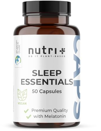 nutri+ Sleep Essentials 50 Cápsulas Veganas – Complejo Nutricional con 0,5 mg Melatonina, L-Triptófano, Valeriana y Pasiflora – 2 Cápsulas Antes de Dormir
