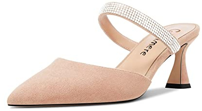 Castamere Mujer Medio Heel Puntiaguada Punta Slip-on Pumps Diamante Cristal Mules Zapatos de Boda Baile 6.5 CM Heels Beige 41 EU