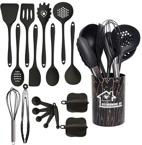 18 Pezzi Utensili da Cucina,Utensili da Cucina in Silicone,Silicona Resistente a Altas Temperaturas y al Calor, Antiarañazos, con Cubo de Almacenamiento para Utensilios de Cocina (nero)