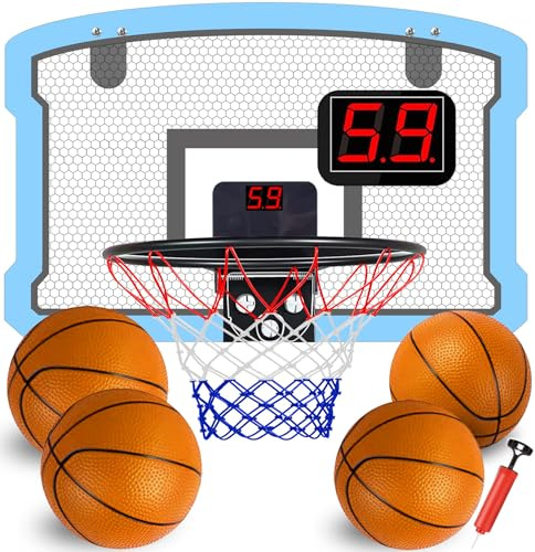 TEUVO Canasta Baloncesto Infantil con 4 Bolas Juguete Niños 5 6 8 10 años, Mini Canasta Baloncesto Interior para Puerta Habitacion Tableros Baloncesto Mini Hoop Marcador Electrónico, Azul Cielo