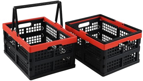 Xyskin Collapsible Reusable Plastic Grocery Shopping Baskets, Foldable Storage Crates with Handles, 2-Pack