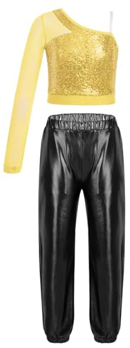 TiaoBug Completo Sportivo Bambina Danza Moderna Jazz Hip Hop Canotta Crop Top Sportivo Monospalla con Paillettes Maglia Top e Pantaloni Lucidi Tuta da Ginnastica Dancewear Oro&Nero 11-12 anni