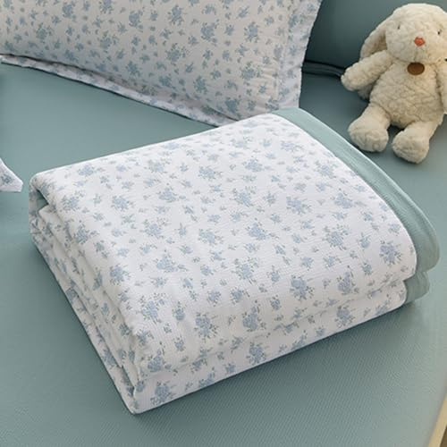 Surwin Seersucker Quilted Bedspread Reversible Printed Soft Lightweight Coverlets Single Double King Size Bed Sofa Throws Blanket Patchwork Summer Cooling Quilt Washable (100x150cm,Blue Floral)