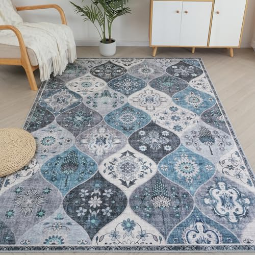 Xfrog Moroccan Trellis Area Rug, 160x230cm Washable Living Room, Retro Floral Non-Slip, Large Oriental Accent Throw Indoor Blue for Nursery Bedroom Office Carpet