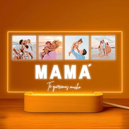 Cristal Plaque - Lámpara Horizontal Personalizada con 4 Fotos, Texto MAMÁ y Frase | Placa de Metacrilato con Luz LED | Base de Madera USB | Regalo Original para Mamá