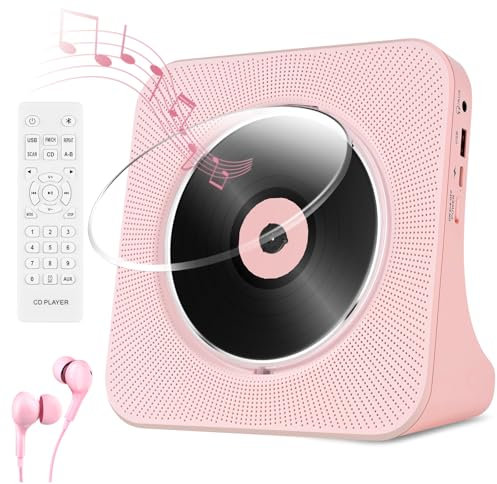 Reproductor de CD Portátil, Radio Reproductor de CD con Altavoces, Reproductors de CD con Bluetooth, USB, Entrada/Salida AUX, Reproductor de CD Estéreo HiFi en Rosa
