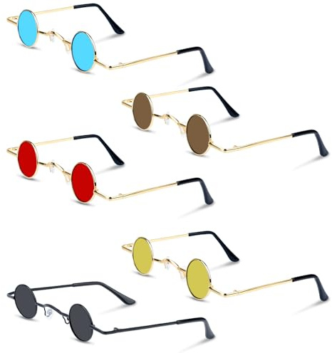 Lot de 5 Mini Lunettes de Soleil Vintage UV380 - Rondes Hip Hop - Rétro Protection Hippie Élégante - Cadre Noir Gris, Doré Rouge, Bleu, Marron