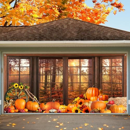 Couverture de porte de garage d'automne 4,9 x 2,1 m, paysage de forêt d'automne pour porte de garage, citrouille, toile de fond, orange Thansgiving Day, bannière de porte de garage, fête, accessoires