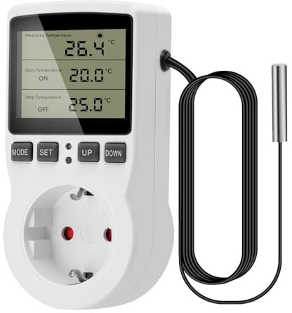 Heemol Thermostat Steckdose Bildschirm mit Hintergrundbeleuchtung, 230 V Digitale Thermostatsteckdose, frostsicherer Thermostat mit Sensor, für Kühlschränke, Aquarien, Farmen（Europäischer Stecker）