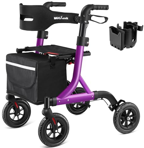 MAXWALK Déambulateur pour personnes âgées, déambulateur à roulettes avec siège, roues en caoutchouc de 8 pour tout-terrain avec dossier, déambulateur en aluminium avec câble intégré, pliable et