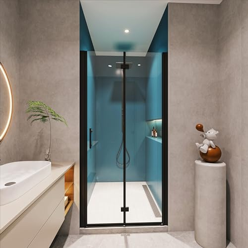 Matte Black Pivot Shower Door, 30-31 3/8 Adjustable Frameless Glass Shower Door with Stainless Steel Handle for Alcove Tub & Shower