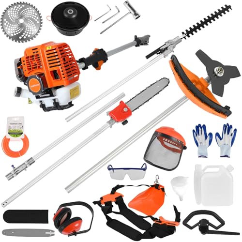 mufsceku Cortacésped de gas 5 en 1, cortadora de malezas a gas de 52 cc, cortador de cepillo de 2 tiempos, recortadora de setos inalámbrica, podadora de setos de motosierra de mano y bordeadora de