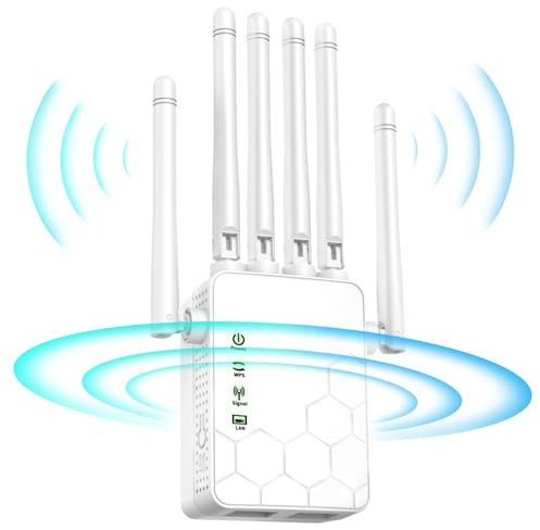 Répéteur WiFi,Amplificateur WiFi,repeteur WiFi Puissant avec 6 Antennes Puissantes,2 Ports LAN,Mode Répéteur & Routeur & AP,repeteur WiFi Exterieur Couverture WiFi de 300 m²,Facile à Installer