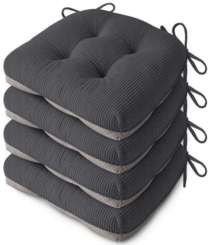 FlyGulls Seat Cushions for Dining Chairs Set of 4, 46X42X8cm, Dark Grey | Elegant Breathable Textured Fabric, with Ties, Tufted, Thick Polyester Filling, for Folding Chairs, Kitchen, Office