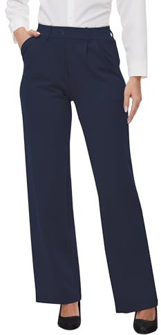 SOOWOT Women's Wide Leg Dress Trousers UK High Waist Stretch Pleated Casual Work Lounge Yoga Pants for Women with Pockets 29 Inseam Navy Blue M