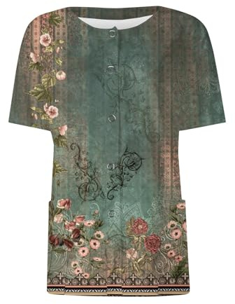 Blouse d'infirmière pour Femme Uniforme médical Tunique à col Rond Secrétaire Travail Top Row Bouton Cardigan Solid/Gradient/Print
