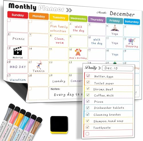 Magnetic Monthly Planner for Fridge – A3 Monthly + A5 Daily Calendar Whiteboard To-Do Board, Dry Erase Reusable Fridge Planners with 6 Markers & Eraser (Monthly)