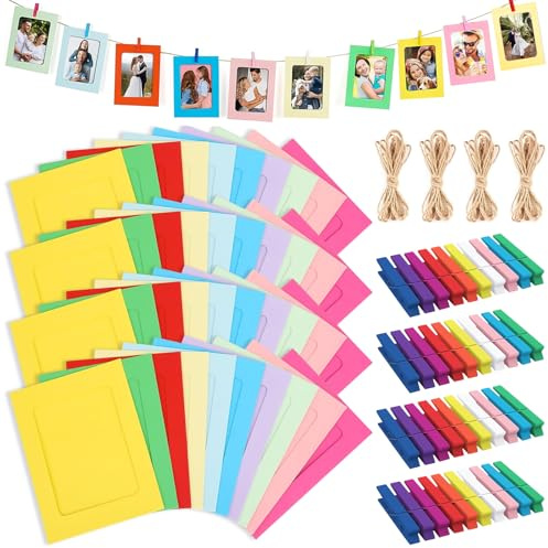 TTYSHIP® 40 Pezzi Cornice di Carta per Foto, 11,5 x 15,5cm Cornici di Carta Colorata con 40 Mini Clip in Legno e 4 Corde di Canapa per DIY Parete Decorazione