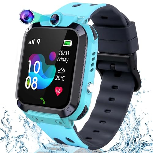 Reloj Inteligente Niño, Smartwatch Niños con GPS y Llamadas, SOS, Modo Escuela, Chat, Juegos, Despertador, Cámara, IP68 Reloj Inteligente Niño GPS Regalo de Cumpleaños para Niños de 4 a 14 Años, Azul