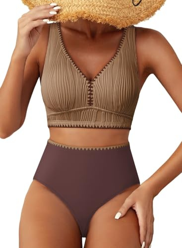 Herseas Women's 2 Piece Bestselling Bikini Set Tummy Control Full Coverage Swimsuits High Waist Bathing Suit Bottoms Slimming Beach Wear Dark Brown