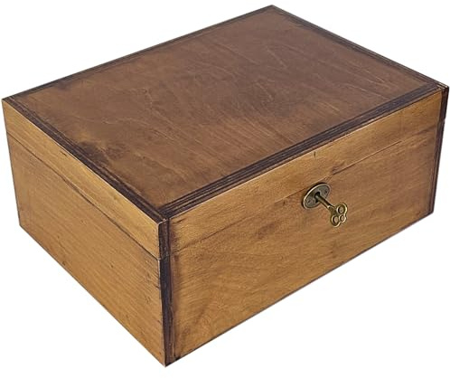 BeeGreeny Large Wooden Box with Lock and Key, Vintage Memento Box for Men and Women, Rustic Brown Decorative & Lockable Memory Keepsake Box with Hinged Lid, Secret Lock Box, Keepsake Chest (Brown)
