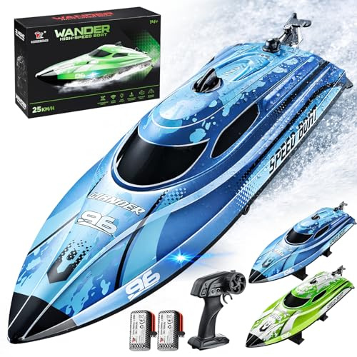 YESHIN RC Bateau 25 km/h, Bateau à Télécommande 2,4 GHz avec LED, 2 Batteries, Impermeable & Kentproof, Rappel de Surpression, Convient pour Piscine/Lacs, Cadeau pour Enfants & Adultes (Bleu)