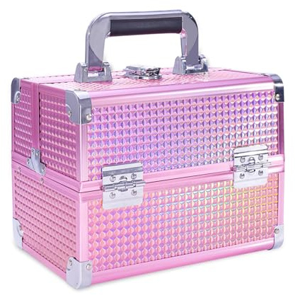 Trucco in alluminio con specchio, maniglia e lucchetto, valigetta per gioielli e accessori, Colore: rosa., Glamoury, Moderno, Olografico