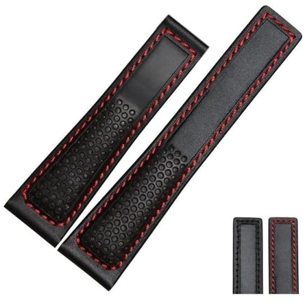 Generico Cinturino in pelle da 22 mm compatibile con cinturino for orologio TAG-heuer F1 con cuciture rosse, cinturino for orologio da polso con fibbia pieghevole in pelle(Black red no buckle)