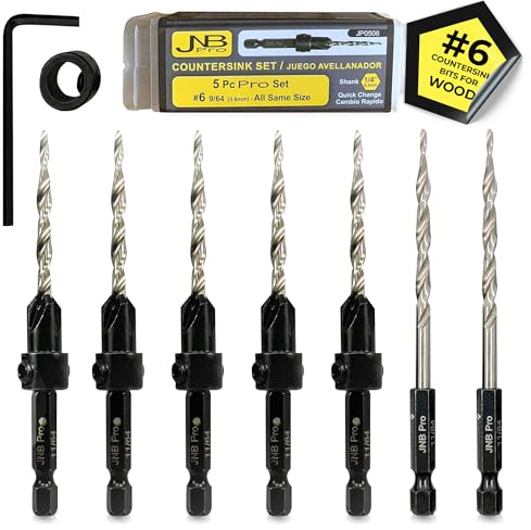 JNB Pro Countersink Drill Bit Set – 5pc Self-Centering Woodworking Bits with 4 Flutes, M2 HSS Material, 1/4 Hex Change, Depth Collar, Includes 2 Free Tapered Bits for Precision Drilling – #6 (9/64)