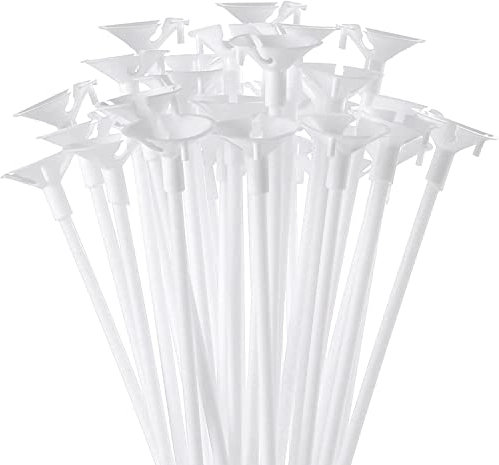 50 Pcs Balloon Sticks,FLYH 32cm Plastic Reusable Thicken Durable Milk-White Sticks Holders with Cups for Party Decor