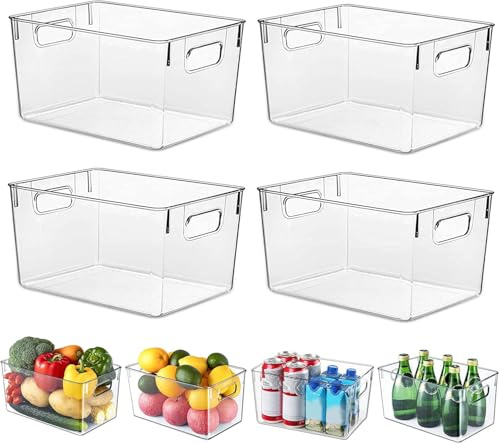 Clear Fridge Organiser Storage Bins with Handles, 4 Pack L Size 30x20x15CM