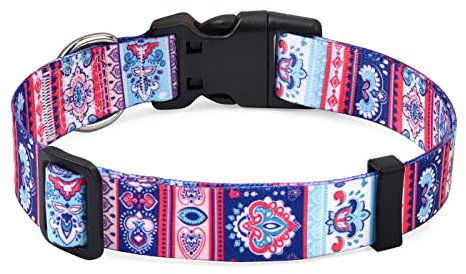 Mihqy Dog Collar with Bohemia Floral Tribal Geometric Patterns - Soft Ethnic Style Collar Adjustable for Small Medium Large Dogs(Geometric Flower,L)