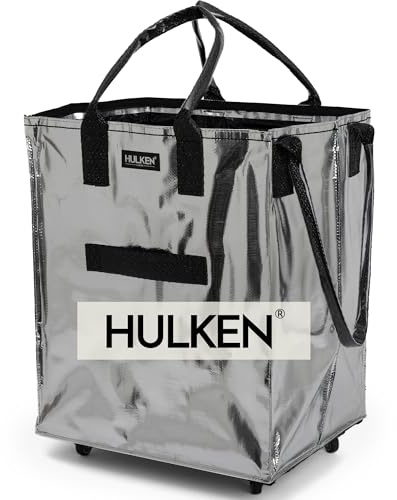 HULKEN Grand Sac d'Épicerie Réutilisable à Roulettes, Fermeture Éclair, Léger, Peut Transporter Jusqu'à 30 kg, Se Replie à Plat, Poignées Incassables