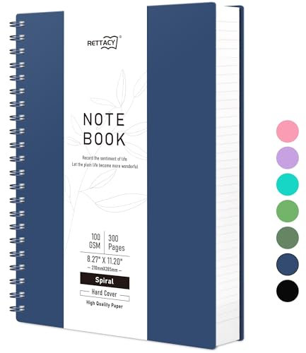 RETTACY Notizbuch A4 Gepunktetes, Bullet Dot Journal, Spiral-Notizbücher 150 Blatt/300 Seiten zum Schreiben, 100gsm, PVC Hardcover, für Frauen Männer Arbeit Büro Schule, 21.5 x 27.9cm – Marineblau